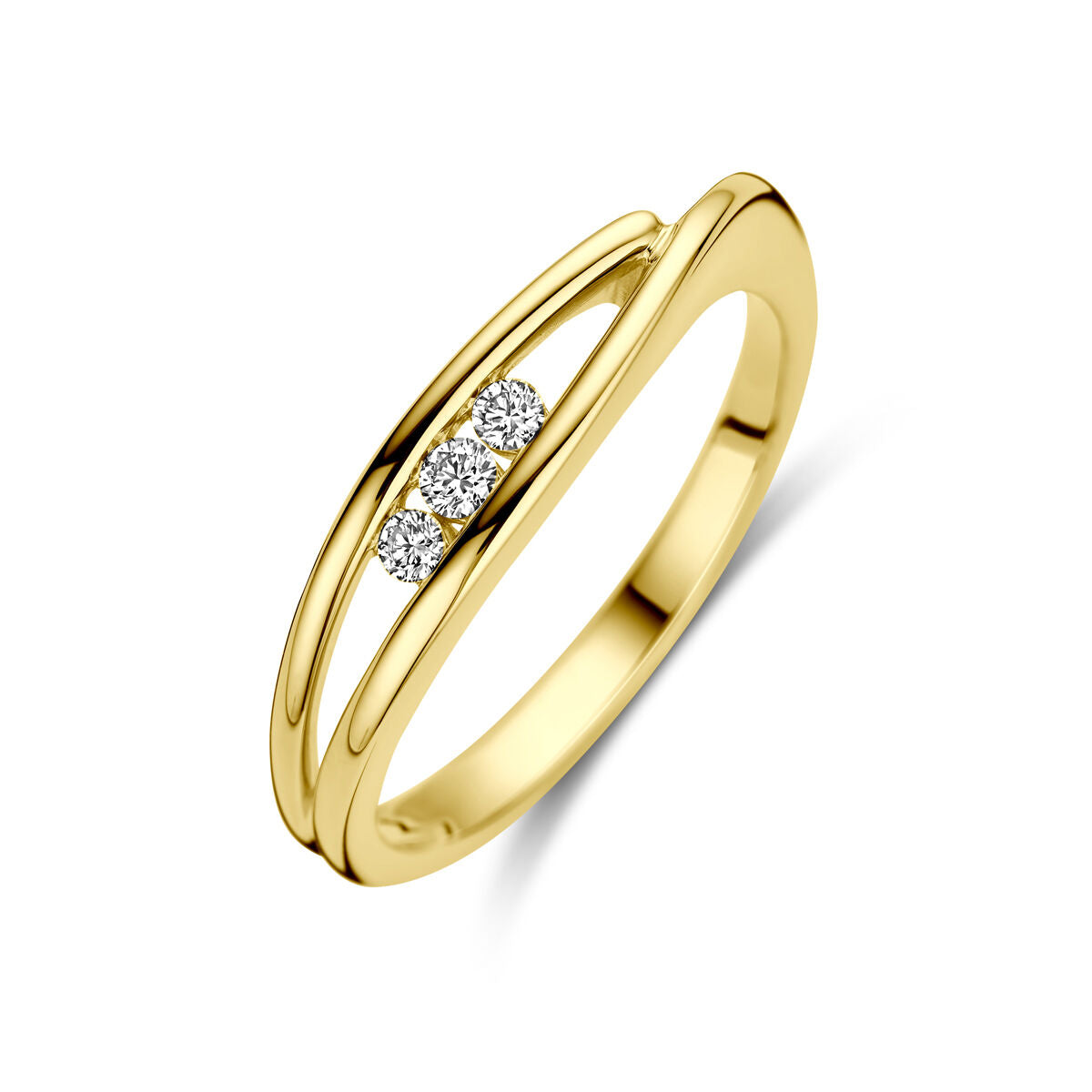 De Van der Kooij Collectie ring trilogie diamant 0.10ct H SI in 14K geelgoud heeft drie diamanten in een splitband design - een elegante damesring perfect voor elke sieraden collectie.