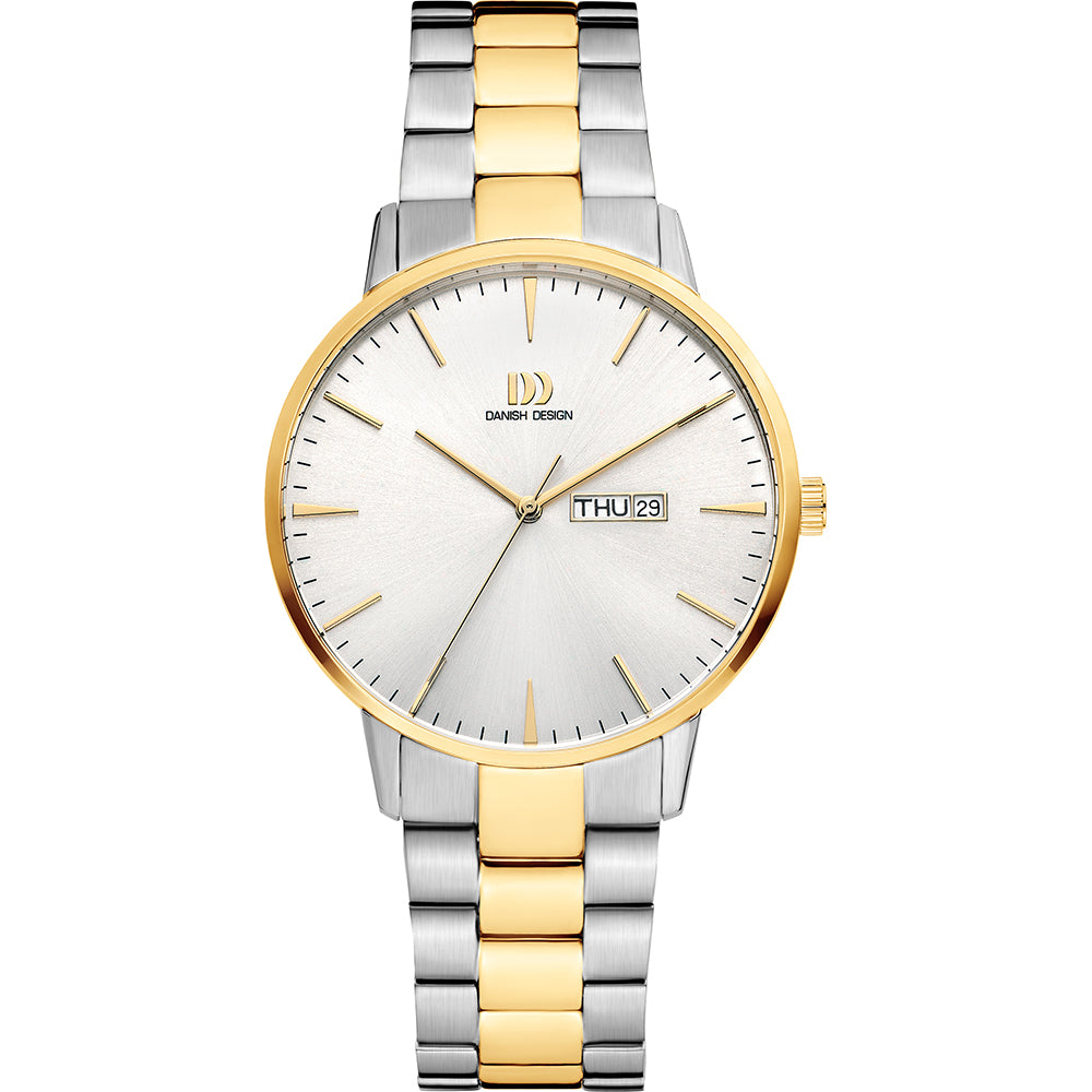 Zilveren horloge met gouden accenten, ronde wijzerplaat en een metalen schakelband.