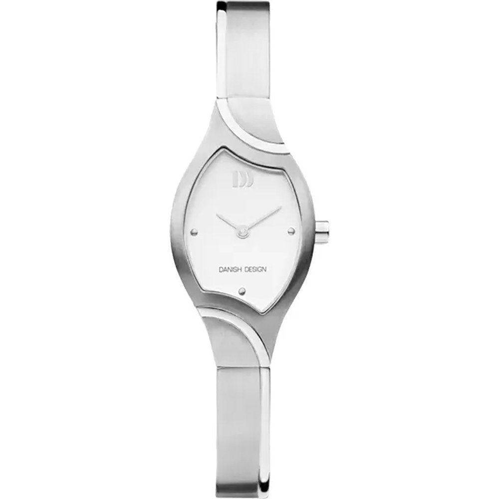 Zilveren horloge met een witte wijzerplaat en een slanke, moderne band.