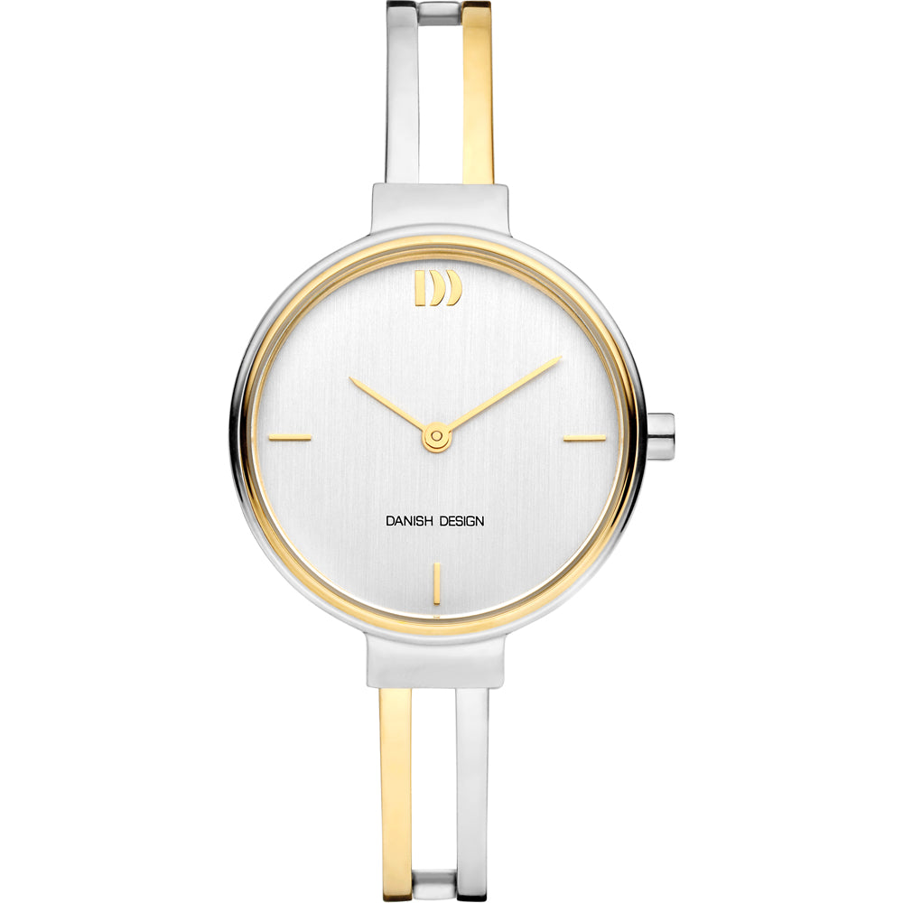 Zilveren horloge met gouden accenten, ronde wijzerplaat en minimalistisch ontwerp.