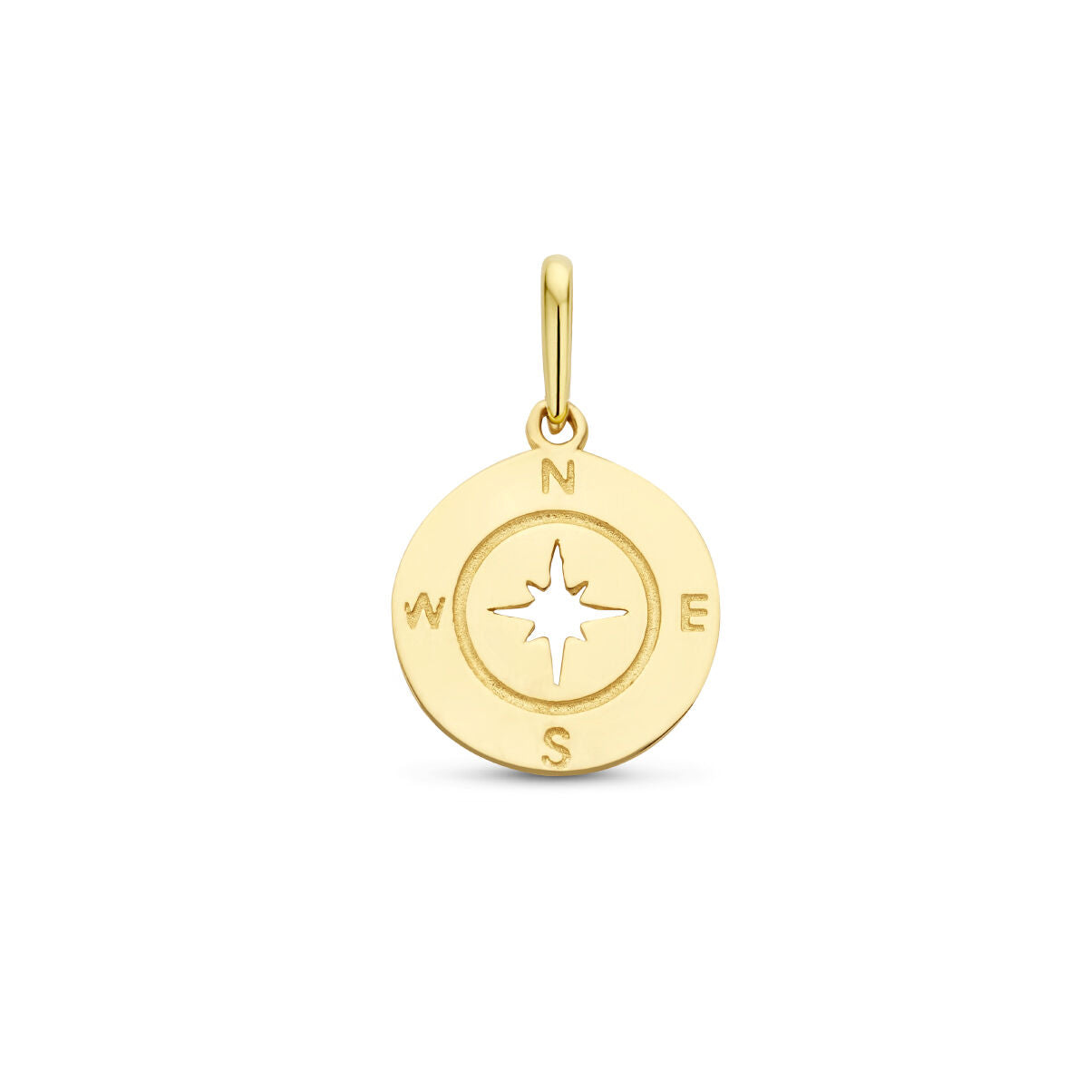 Hanger in 14K geelgoud met een kompasontwerp en inscripties van de windrichtingen.