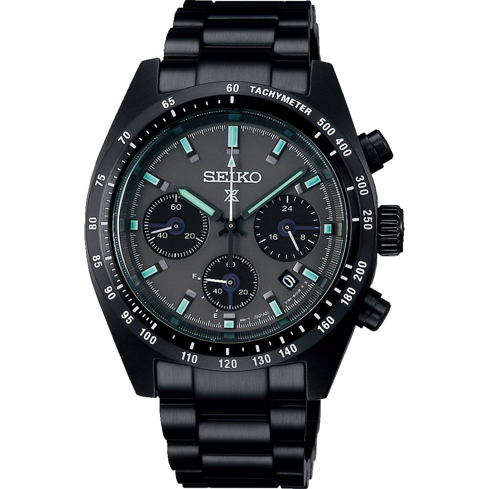 Zwart heren horloge met chronograaf, zwarte wijzerplaat en turquoise accenten.