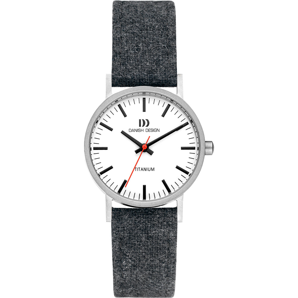 Zilveren horloge met witte wijzerplaat, zwarte stoffen band en rode secondewijzer.