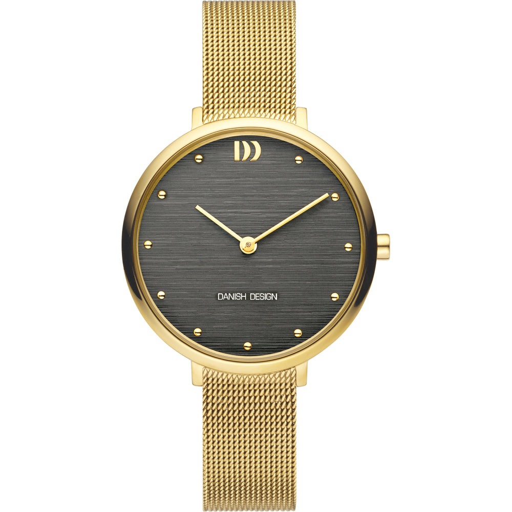 Gouden horloge met een zwarte wijzerplaat en mesh-band, voorzien van stippen als uurmarkeringen.