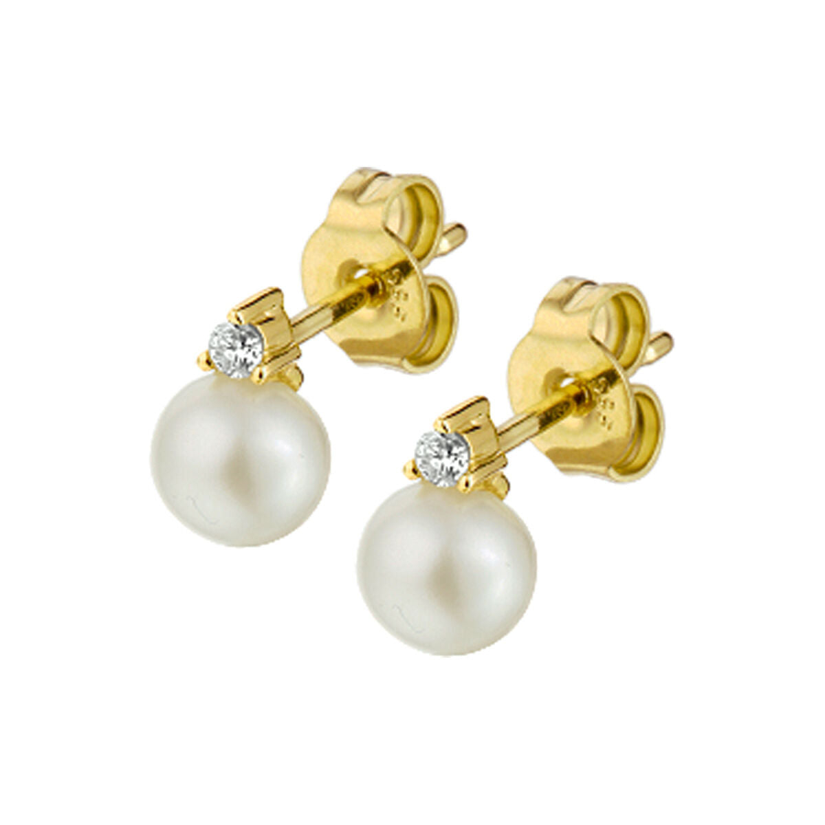 Oorknoppen van 14K geelgoud met een parel en een diamant van 0.05ct (2x0.025ct) boven de parel.