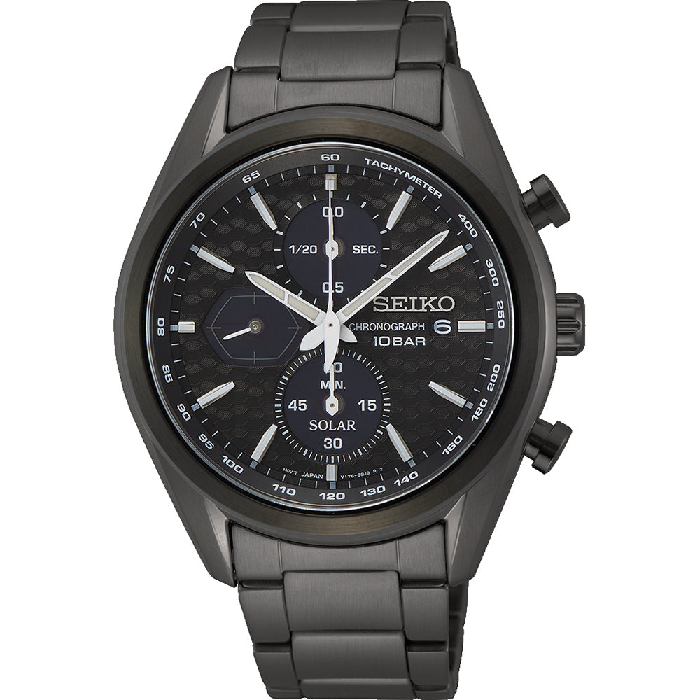 Zwart heren horloge met chronograaf, solar, en een stalen band.