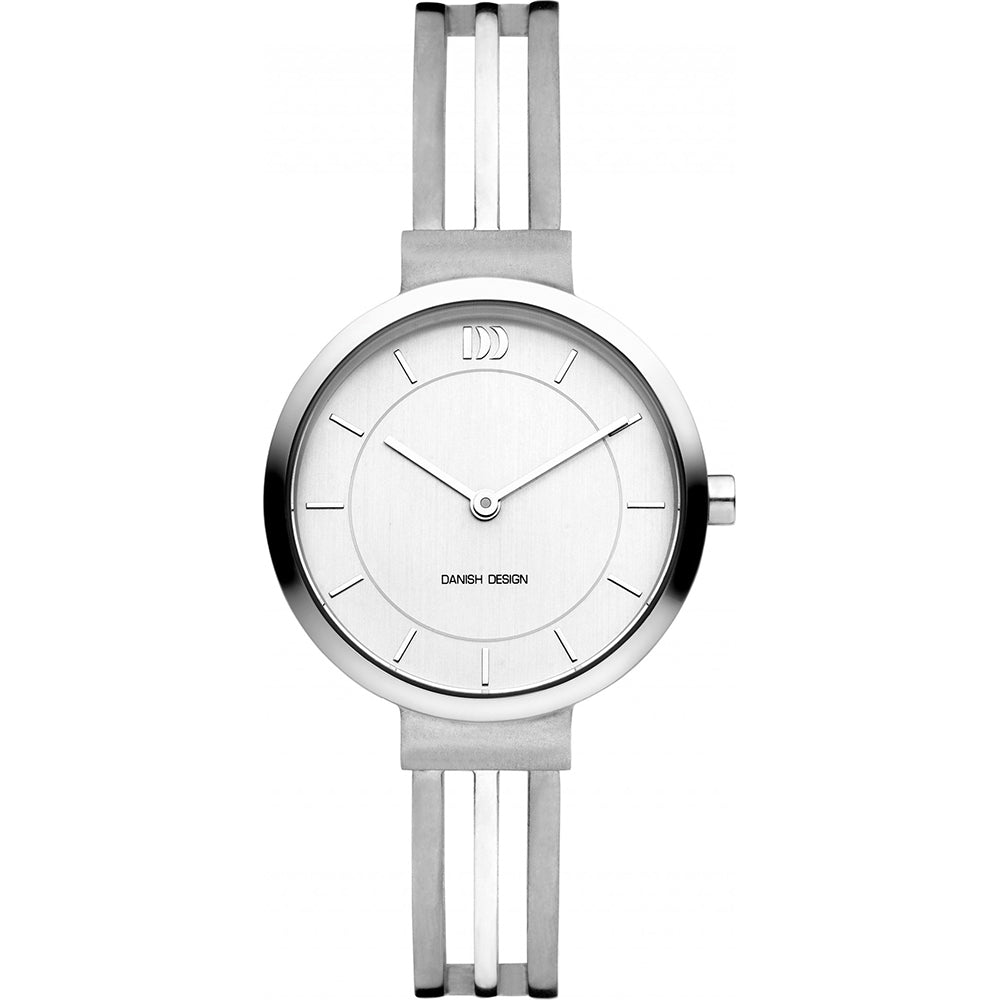 Zilveren horloge met een witte wijzerplaat en een strakke, minimalistische band met drie rijen.