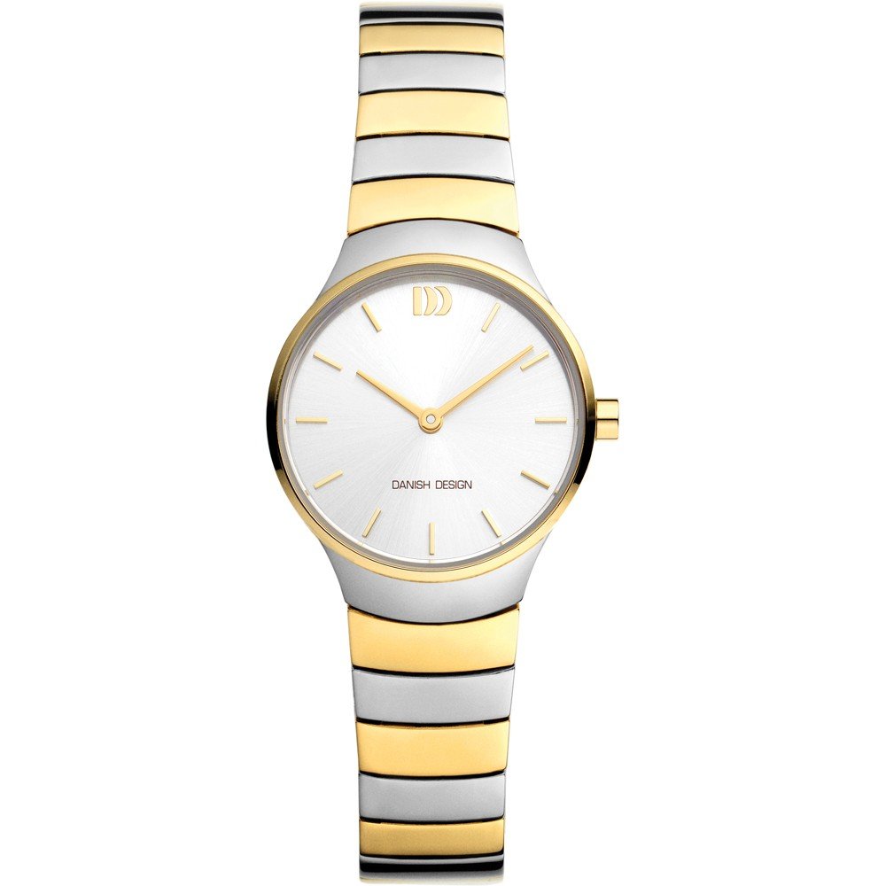 Zilveren horloge met gouden accenten, witte wijzerplaat en een strakke, moderne band.