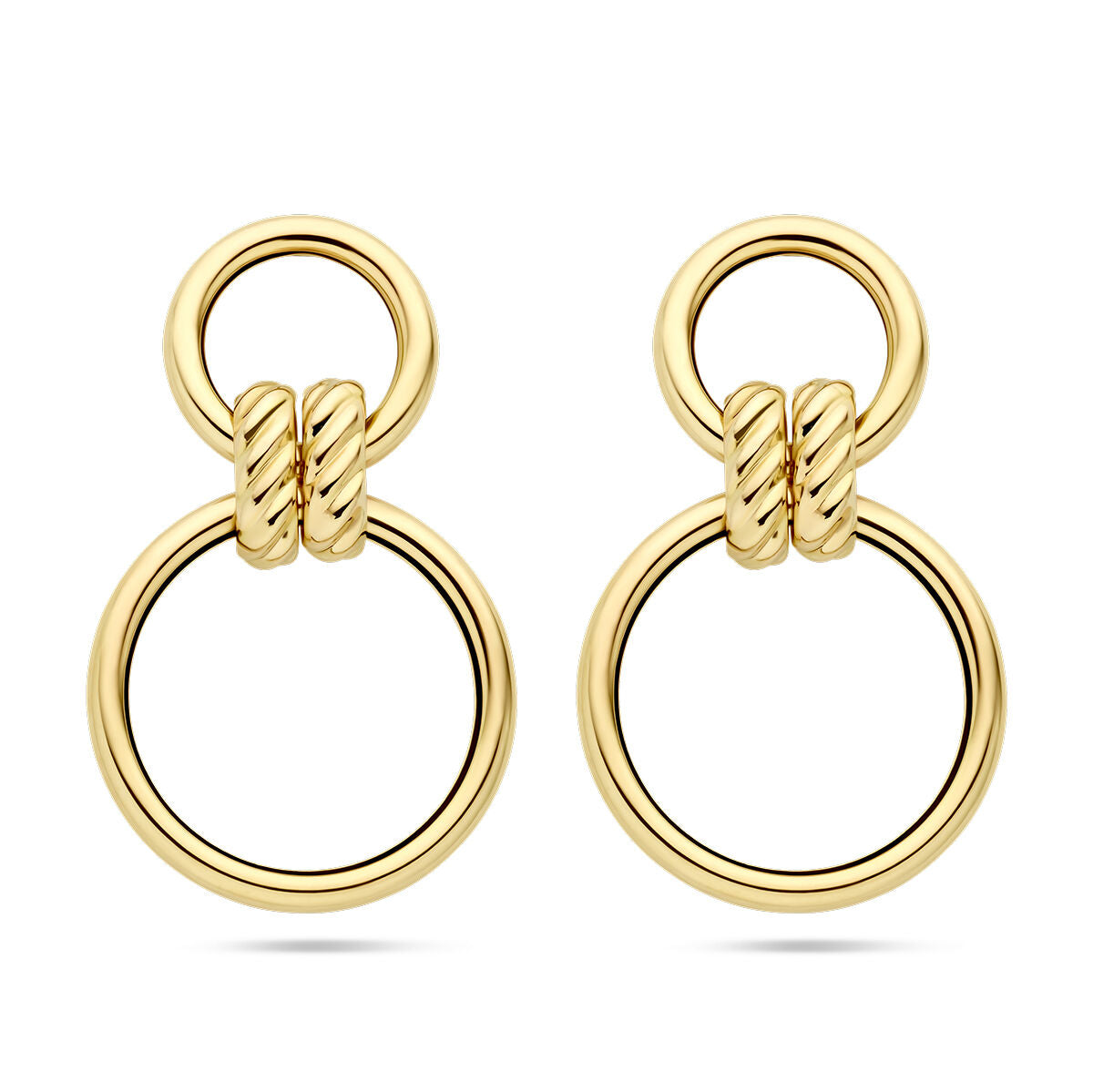 Oorhangers van 14K geelgoud met een dubbele cirkelvorm en gedraaide details.