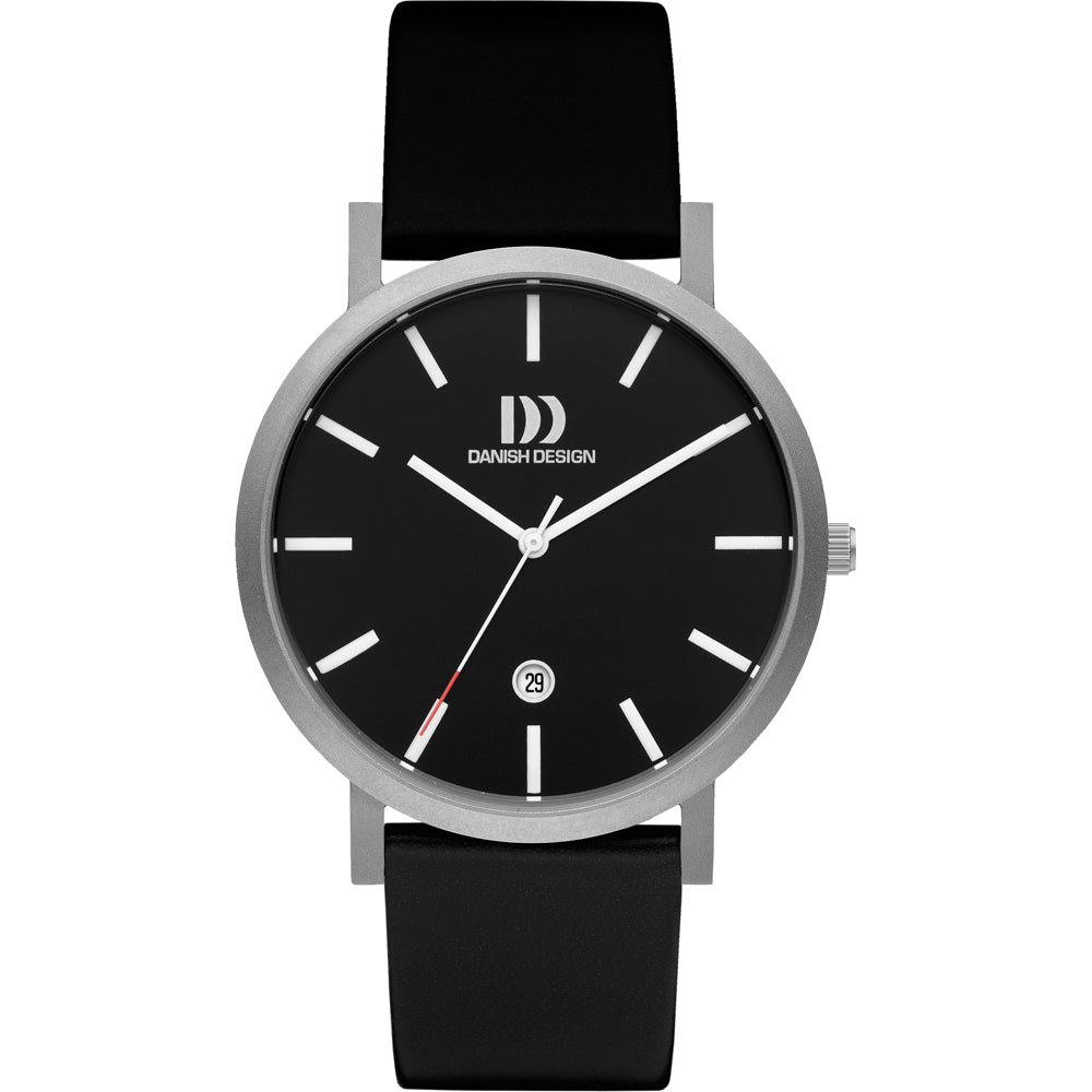 Zwart horloge met een ronde wijzerplaat, zilveren kast en een zwarte leren band.