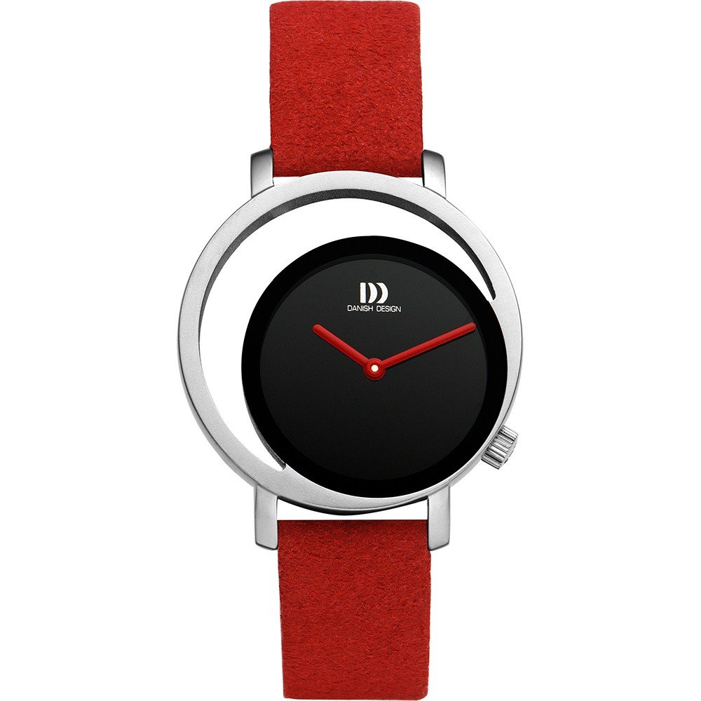 Dames horloge met zwarte wijzerplaat, ronde zilveren kast en rode suède band.