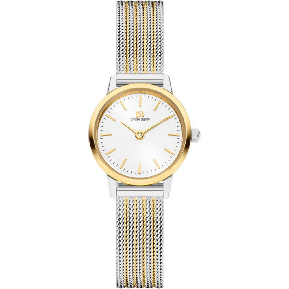 Zilveren horloge met gouden bezel en witte wijzerplaat, voorzien van een mesh-band.