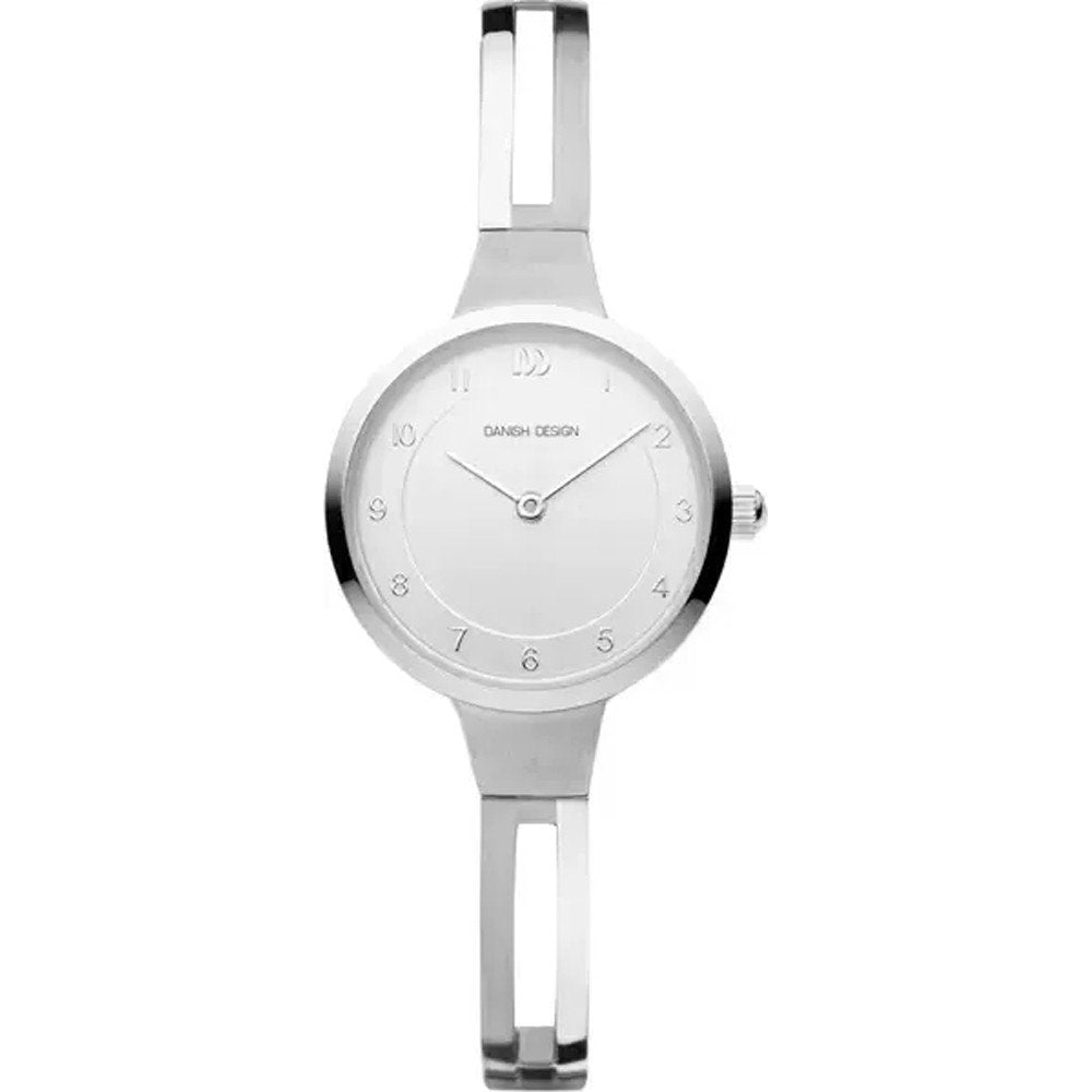 Zilveren horloge met een ronde witte wijzerplaat en een opengewerkte band.