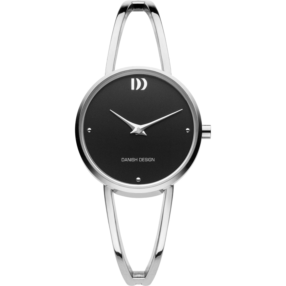 Zilveren horloge met zwarte wijzerplaat en minimalistisch ontwerp, voorzien van dunne bandjes.