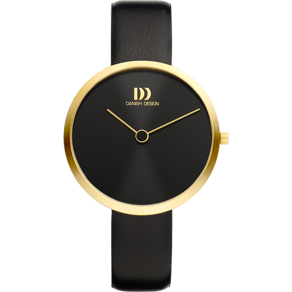 Zwart horloge met een gouden kast en een zwarte wijzerplaat, afgewerkt met een leren band.