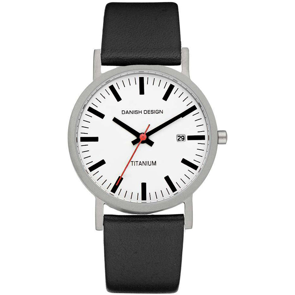 Heren horloge met witte wijzerplaat, titanium kast en zwarte leren band, voorzien van datumaanduiding.