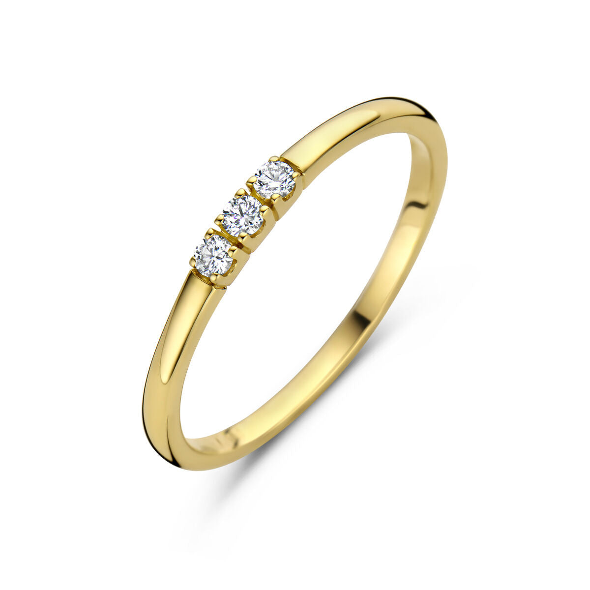 Geelgouden memoire ring met drie diamanten van 0,09 ct in een trilogie-setting.
