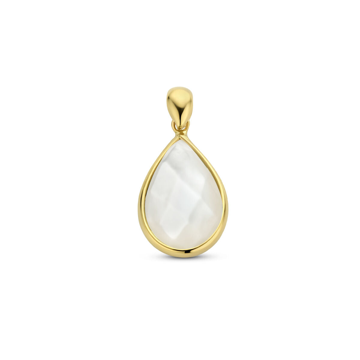 De hanger parelmoer 14K geelgoud van Van der Kooij Collectie heeft een traanvormige facetgeslepen witte steen gezet in een geelgouden montuur, met tijdloze elegantie gepresenteerd op een witte achtergrond.