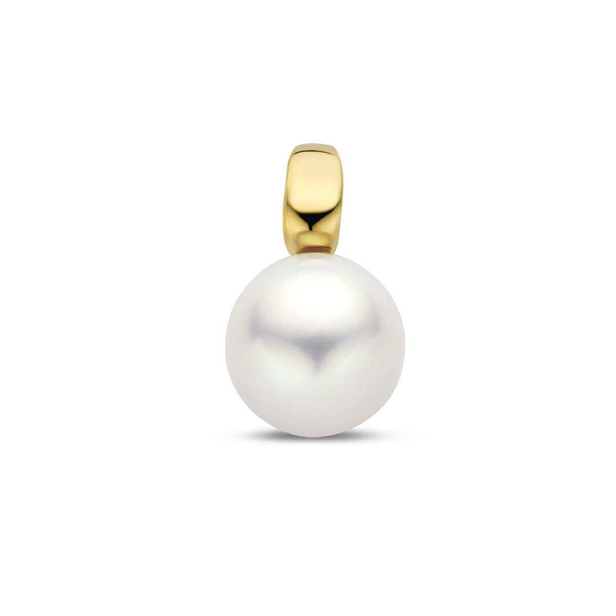 De Van der Kooij Collectie hanger parel 14K geelgoud heeft een enkele ronde witte zoetwaterparel in een eenvoudige gouden zetting, afgebeeld tegen een witte achtergrond.