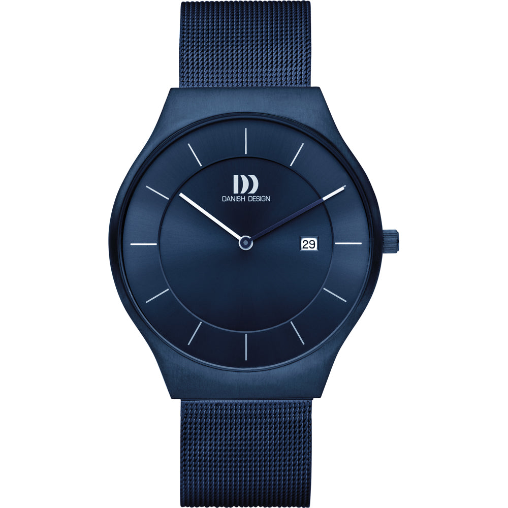 Blauw horloge met een minimalistische wijzerplaat en mesh-band, voorzien van een datumaanduiding.