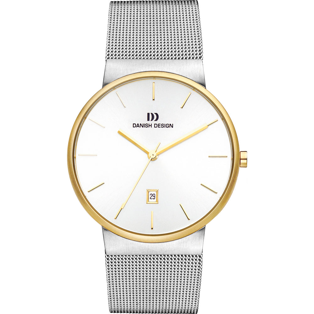 Gouden horloge met een witte wijzerplaat, zilveren mesh-band en een datumaanduiding.
