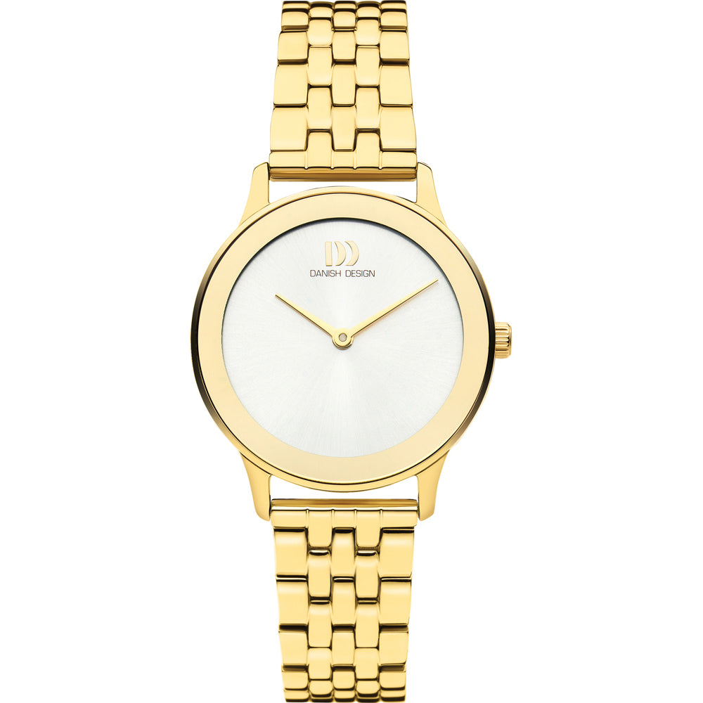 Gouden horloge met een witte wijzerplaat en een schakelband.