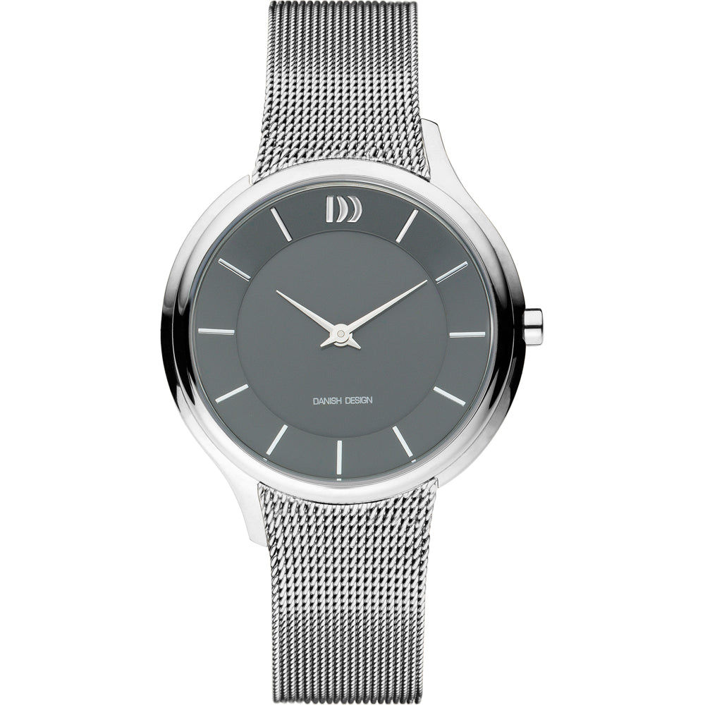 Zilveren horloge met een grijze wijzerplaat en een mesh-band.