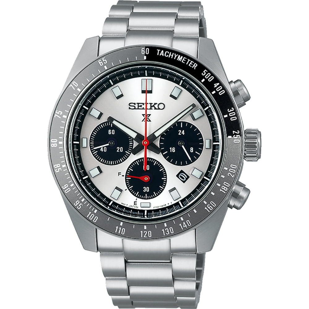 Zilveren Seiko Prospex heren horloge met chronograaf, zwarte wijzerplaten en tachymeter.