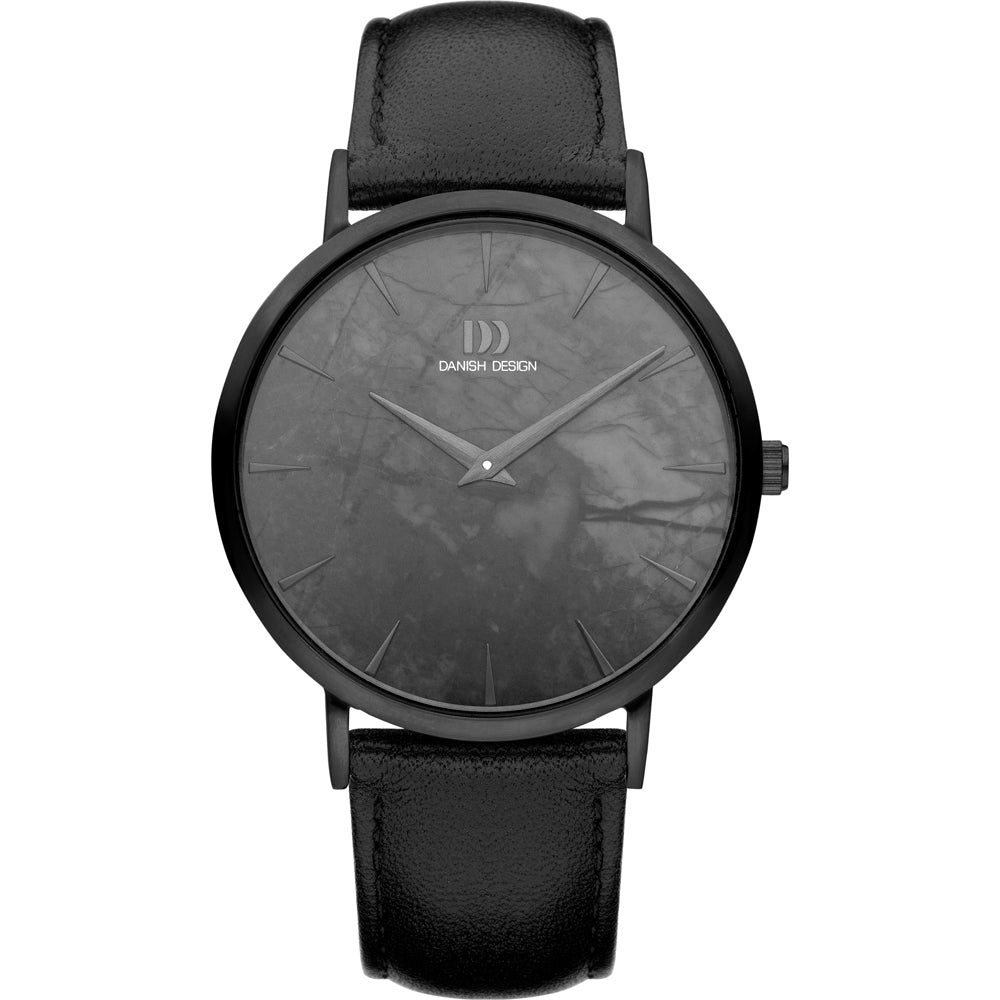 Unisex horloge met zwarte wijzerplaat, zwarte kast en leren band.