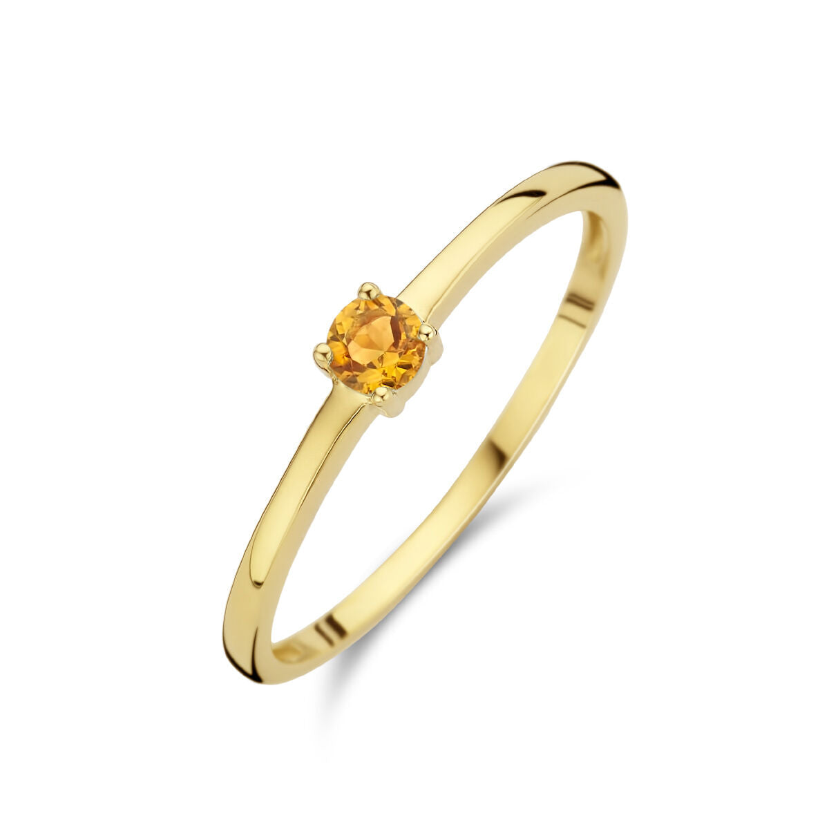 Een delicate 14K geelgouden "ring met geboortesteen citrien november" van Van der Kooij Collectie, met een kleine ronde citrien in een minimalistische zetting, aanwezig op een witte achtergrond.
