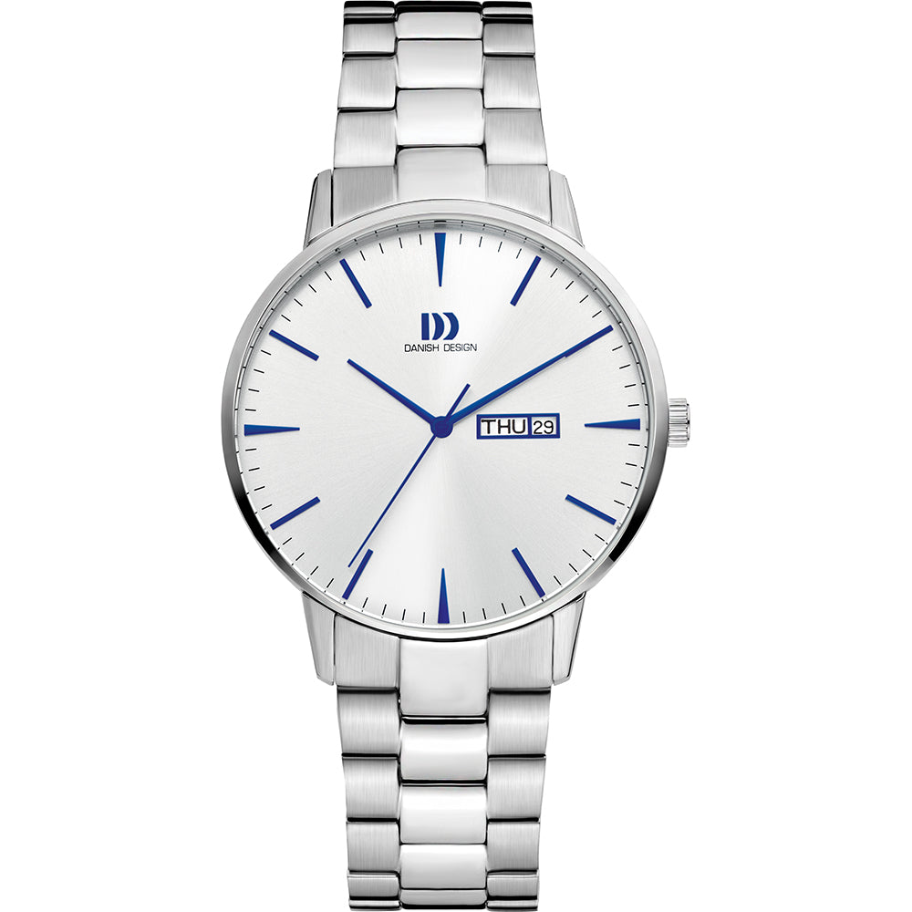 Zilveren horloge met een witte wijzerplaat en blauwe wijzers, voorzien van een datumaanduiding.