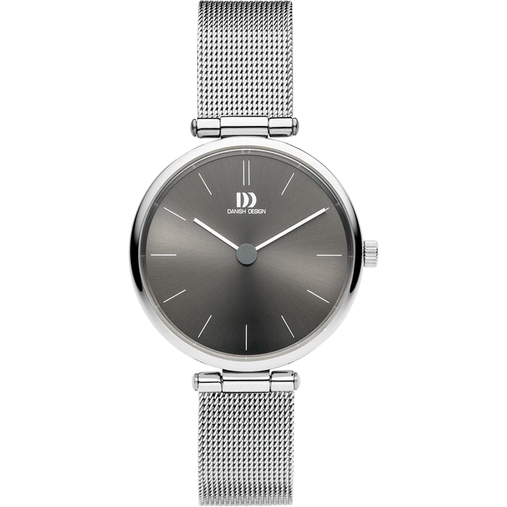 Zilveren horloge met een grijze wijzerplaat en een mesh-band.