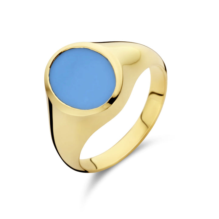 signet ring solid light blue layered stone 11 x 8mm 14K yellow gold