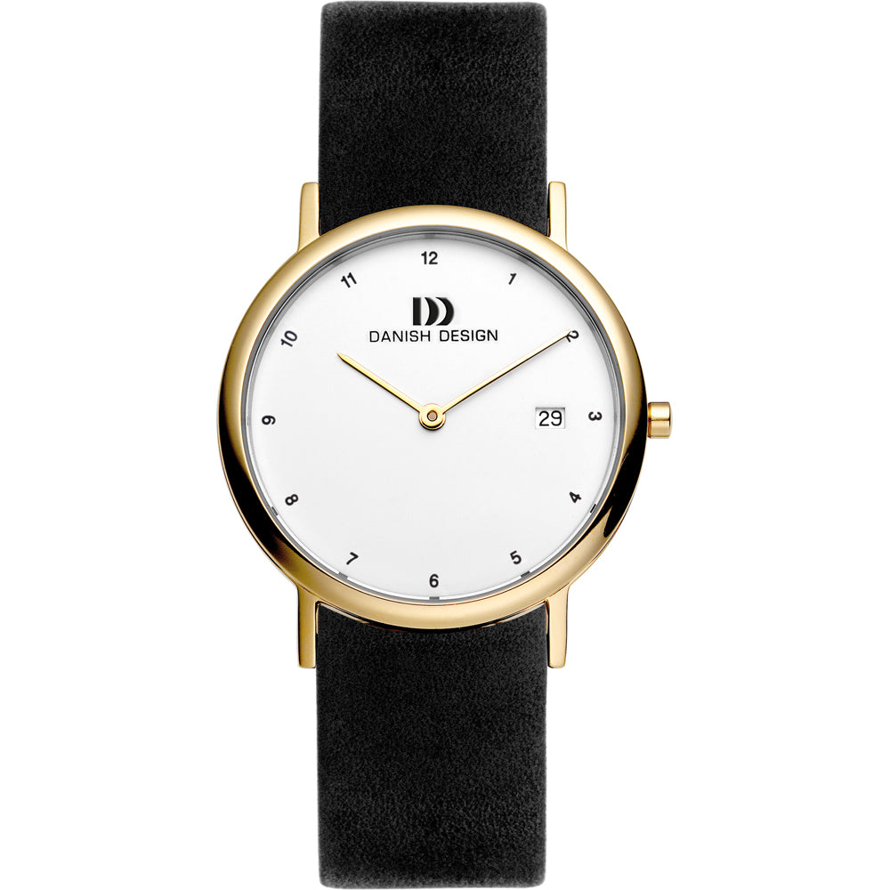 Gouden horloge met witte wijzerplaat en zwarte leren band.
