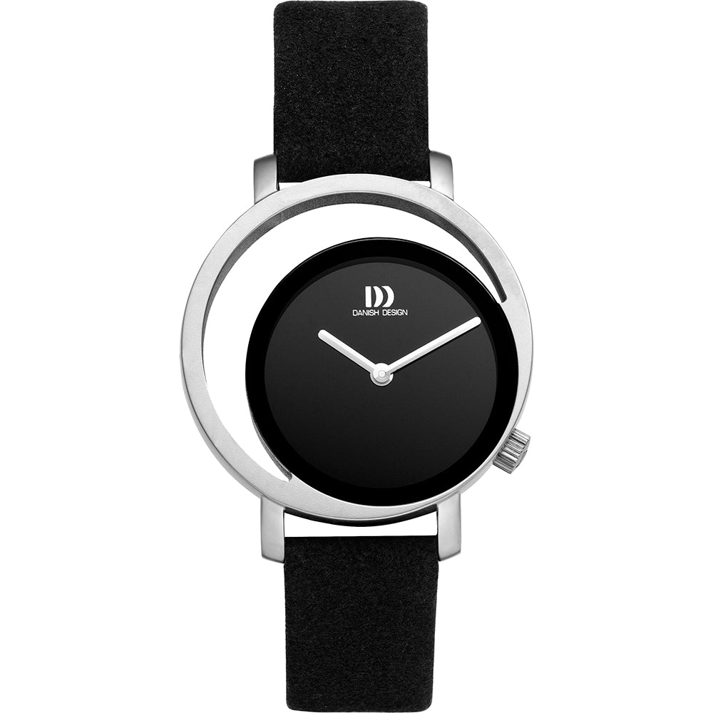 Zilveren horloge met zwarte wijzerplaat en zwarte leren band, minimalistisch ontwerp met ronde kast.
