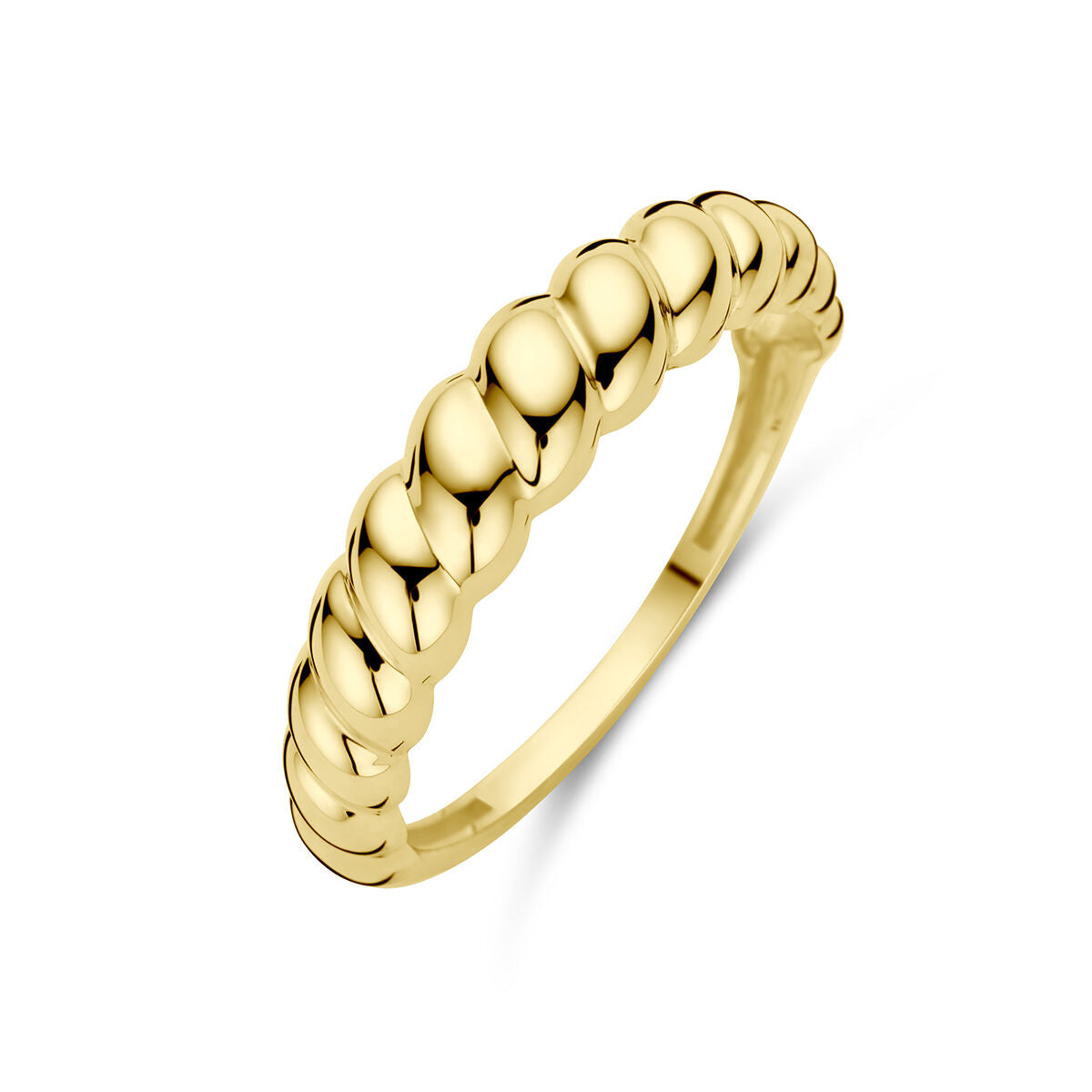 Gedraaide ring van 14K geelgoud met een bolle, gestructureerde afwerking.