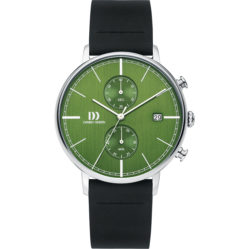 Groen horloge met zwarte rubberen band, ronde zilveren kast en dubbele chronograaf wijzerplaat.