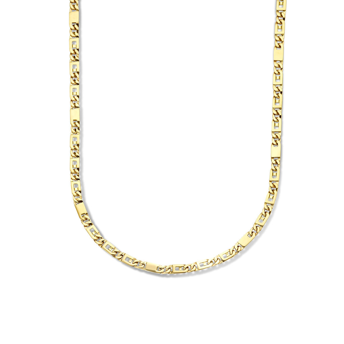 De Gouden ketting heren - collier valkenoog 4,7 mm 14K van Van der Kooij Collectie heeft rechthoekige schakels en een patroon en straalt robuuste elegantie uit op een witte achtergrond.