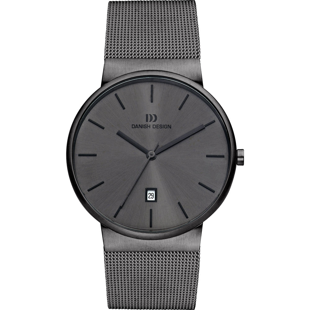 Zwart horloge met een metalen mesh-band, ronde wijzerplaat en datumweergave.