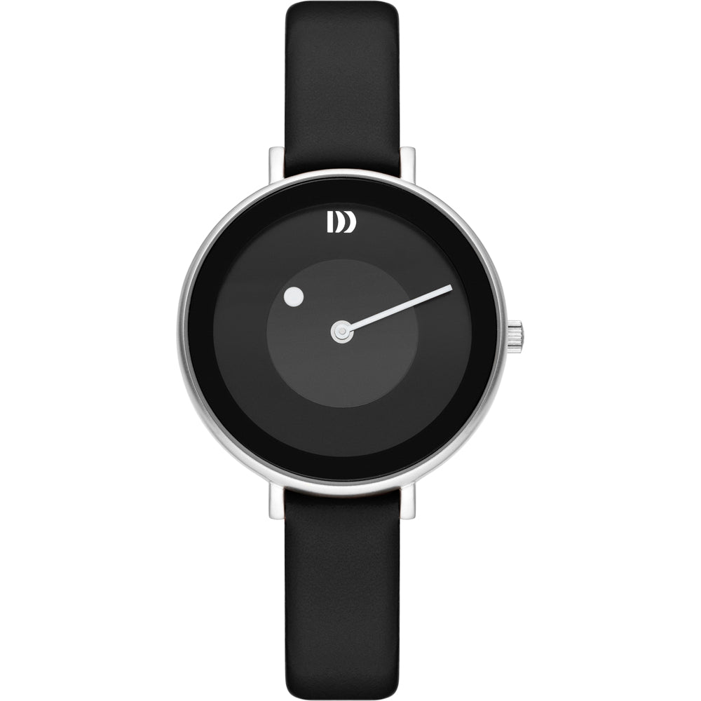 Zwart horloge met een ronde wijzerplaat, zilveren kast en een leren band.
