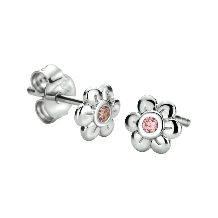 ear studs flower pink zirconia silver rhodium plated