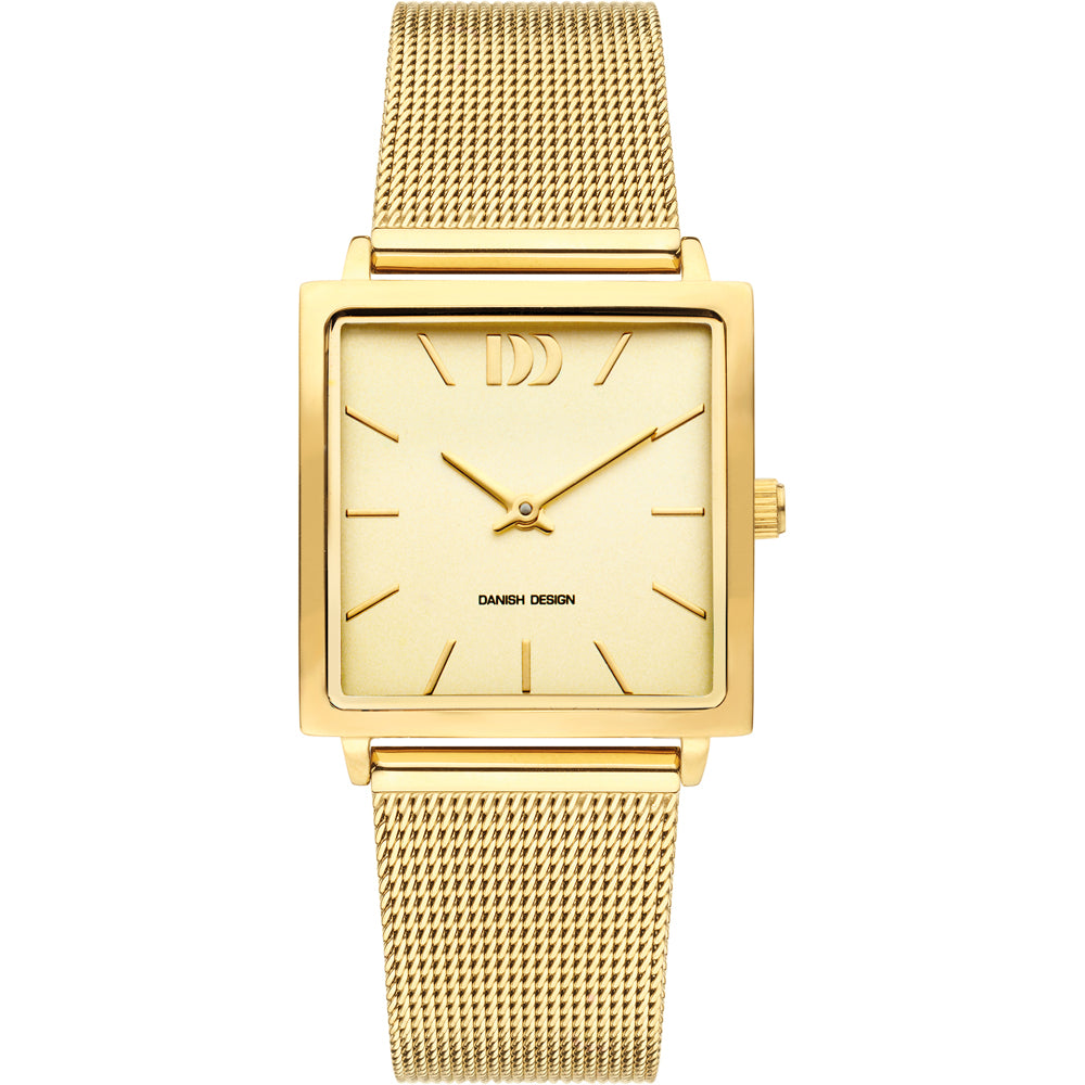 Gouden vierkant horloge met een lichte wijzerplaat en een mesh-band.