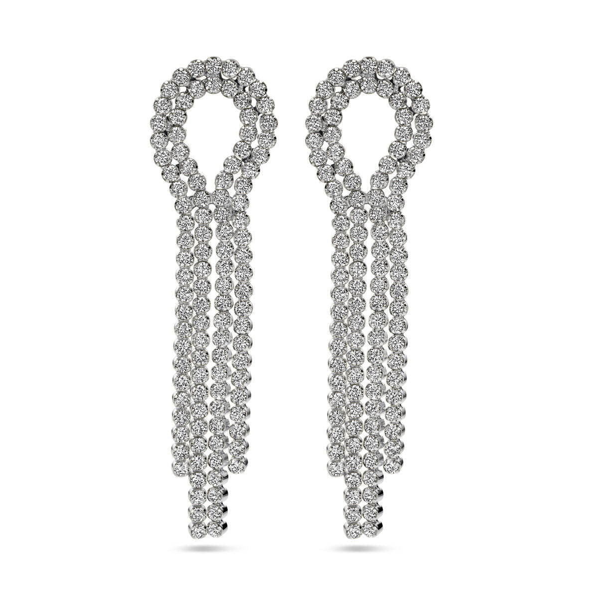 Van der Kooij Collectie oorhangers zirkonia zilver gerhodineerd: elegante, lusvormige oorbellen met drie fonkelende zirkonia hangers per stuk, uitgevoerd in wit metaal - een verfijnde accessoire.
