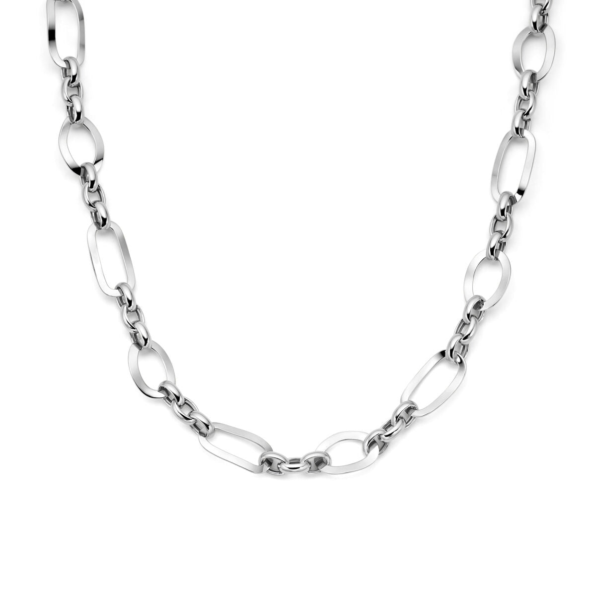 Zilveren gerhodineerde ketting met een schakelpatroon van ovale en ronde schakels.