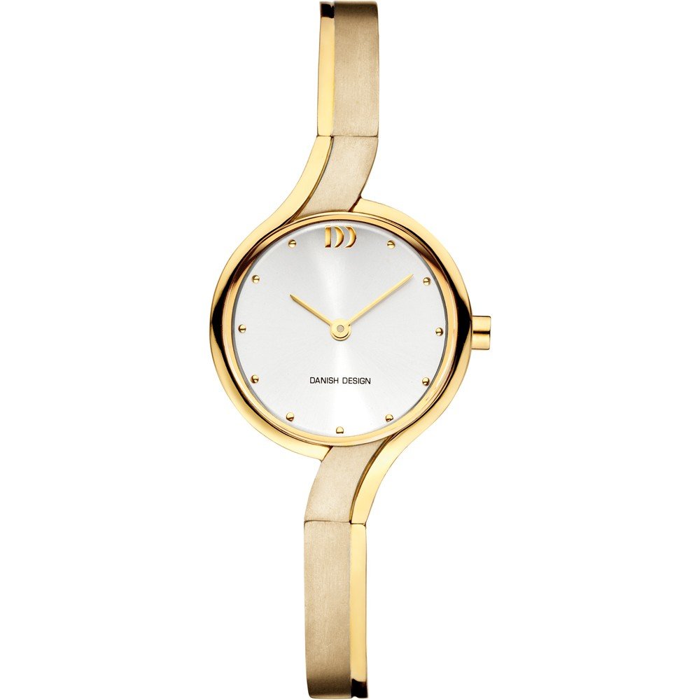 Gouden horloge met een witte wijzerplaat en een minimalistisch ontwerp, voorzien van een slanke band.
