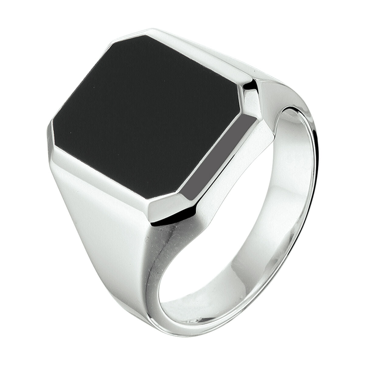 Een massief zilveren zegelring van Van der Kooij Collectie met een 13 x 11mm zwart onyx oppervlak en gerhodineerde afwerking-modern en strak vormgegeven.