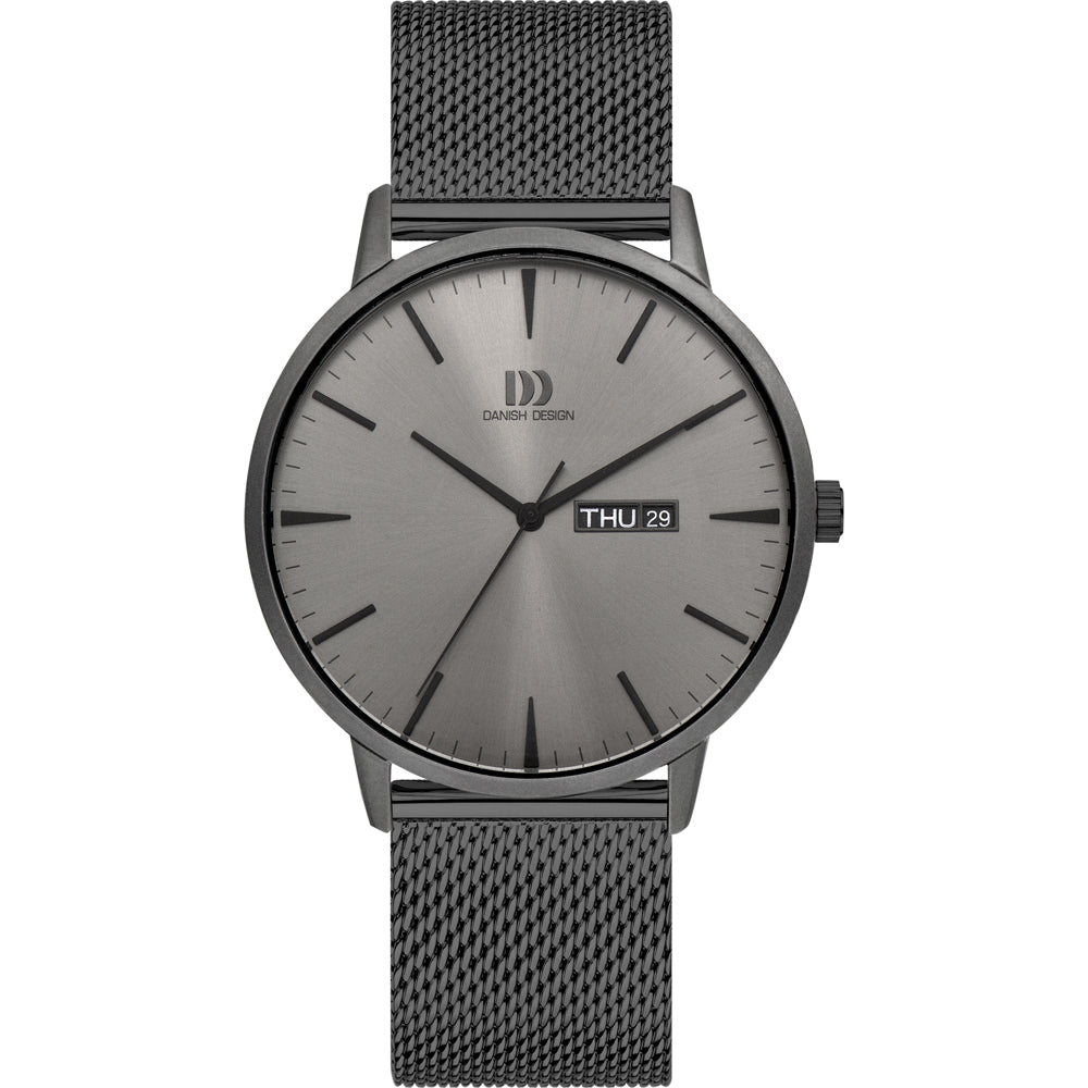Grijs horloge met een metalen mesh-band en een minimalistische wijzerplaat met zwarte indexen.
