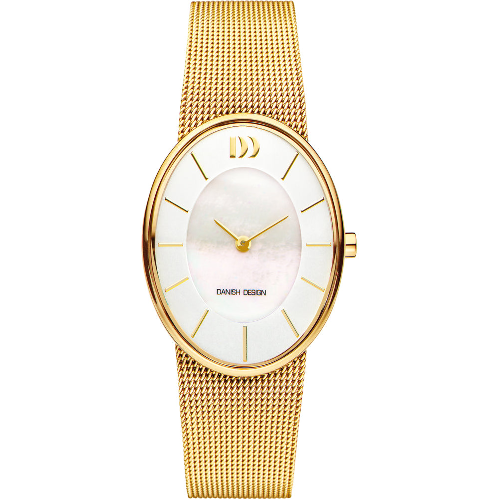 Gouden horloge met een ovale wijzerplaat, parelmoer kleur en een mesh-band.