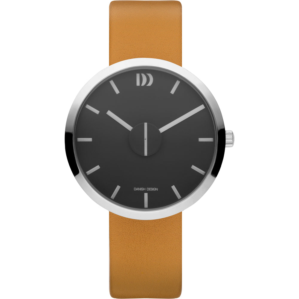 Unisex horloge met zwarte wijzerplaat, ronde zilveren kast en een lichtbruin leren band.
