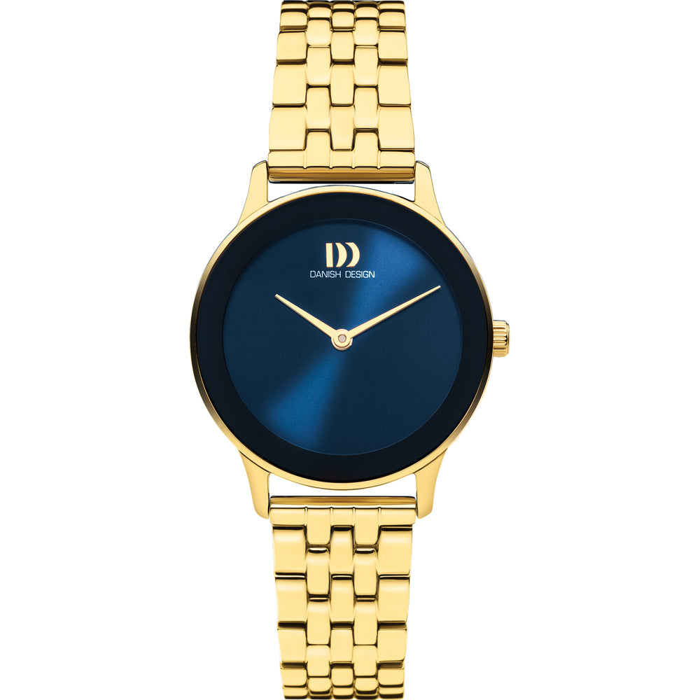 Gouden horloge met een blauwe wijzerplaat en een schakelband.